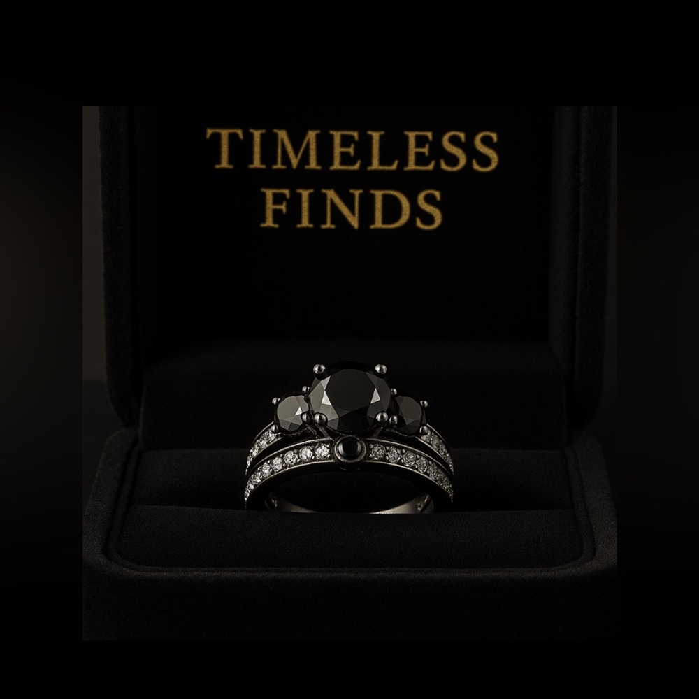 🖤 Vintage 2.15ct Black & White Diamond Bridal Set | 10K White Gold